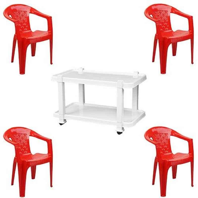 Italica 4 Pcs Polypropylene Red Comfort Arm Chair & White Table with Wheels Set, 9045-4/9509