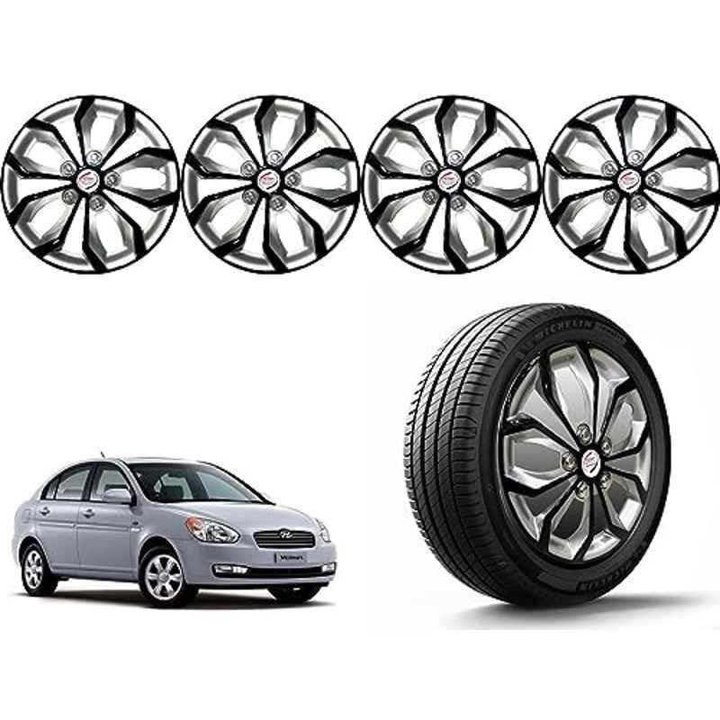 Auto Pearl 4 Pcs 14 inch Polypropylene Black & Silver Press Type Car Wheel Cover Set with Retention Ring for Hyundai Verna Type 1 2006, 14WC_Pearl_Rev_VernaType1_2006