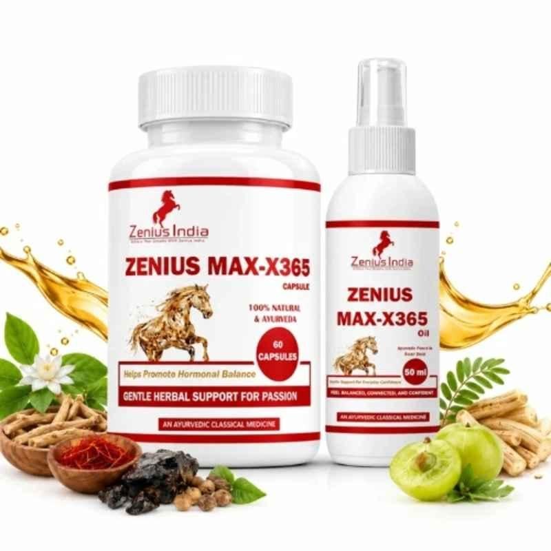 Zenius India MAX-X365 60 Pcs Capsule & 50ml Oil Kit with Ashwagandha Extract, Sandalwood, Clove & Nutmeg for Boosts Stamina, Energy, Improves Performance & Endurance