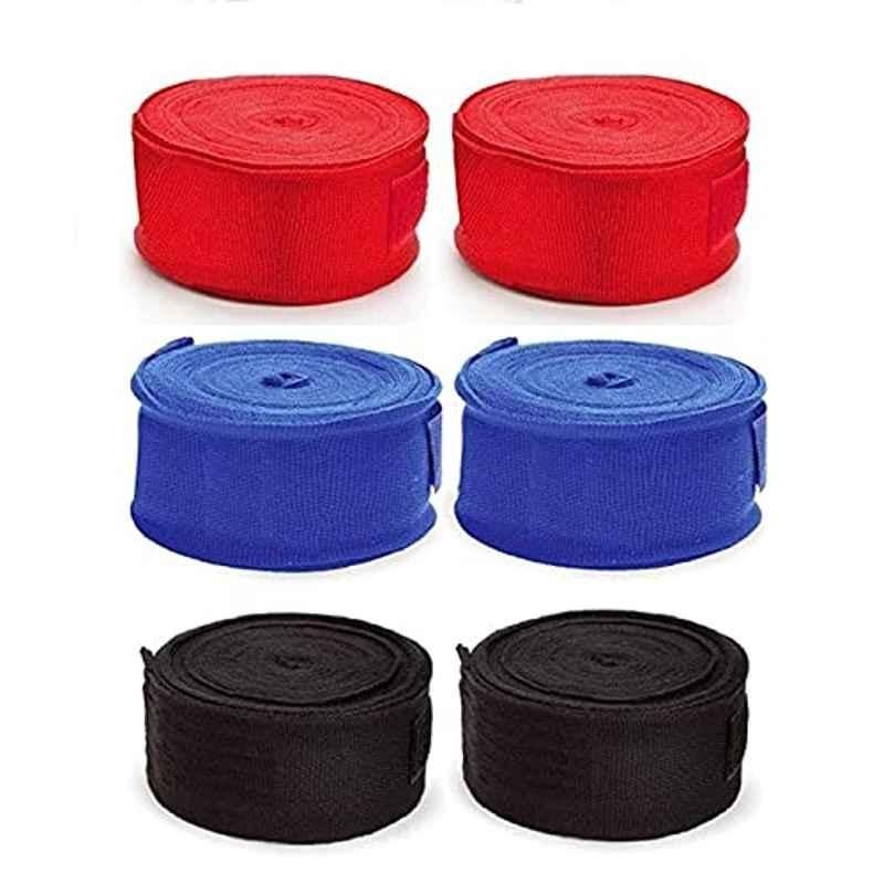 Forgesy 108 inch Elastic Cotton Spandex Blue, Black & Red Hand Wraps (Pack of 6)