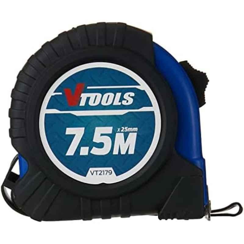 VTOOLS 7.5m Self Lock Measuring Tape with Magnetic Tip Hook & Shock Absorbent Case, VT2179