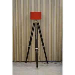 Tucasa Mango Wood Black Tripod Floor Lamp with Polycotton Red Shade, P-99