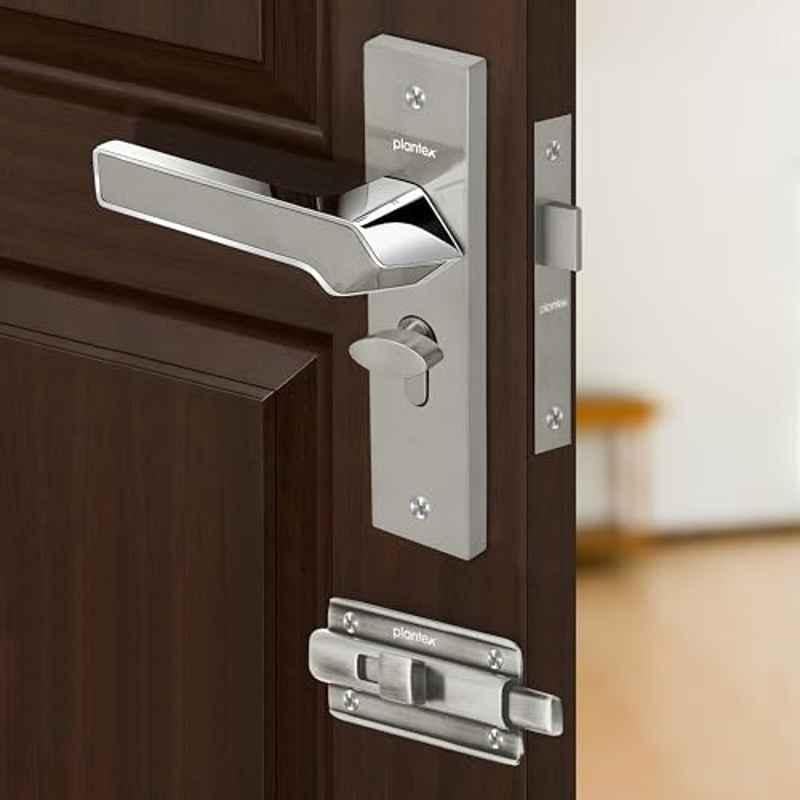 Plantex Heavy Duty Bathroom Door Lock Mortise 8 inch Keyless Plate Handle Set for Home/Bathroom/Store Room/Balcony/Office with Baby Latch 8133-Satin Steel & Chrome