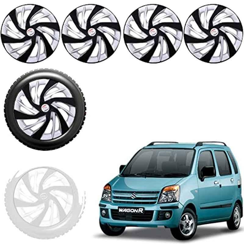 Auto Pearl 4 Pcs 13 inch Black & Silver ABS Press Type Hubcap Wheel Cover Set with Retention Ring for Maruti Suzuki WagonR 2006 2010