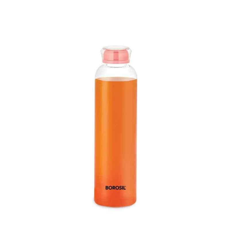 Borosil Crysto 550ml Slim Borosilicate Glass Transparent Narrow Mouth Water Bottle with Pink Glass Lid, ICSLMPK550M