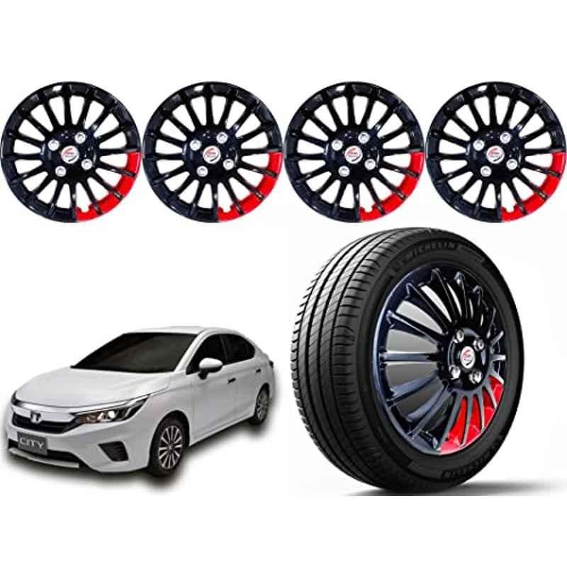 Auto Pearl 4 Pcs 15 inch ABS Black & Red Press Type Car Wheel Cover Set with Retention Ring for Honda City 2020 Onwards