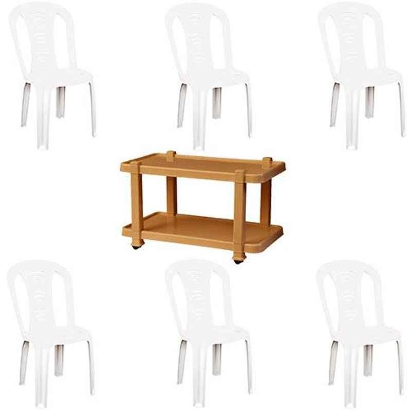Italica 6 Pcs Polypropylene White Without Arm Chair & Marble Beige Table with Wheels Set, 9306-6/9509