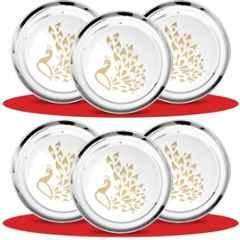 Classic Essentials CE-06 6 Pcs Stainless Steel Permanent Laser Peacock Design Dinner Plate Set (Pack of 3)