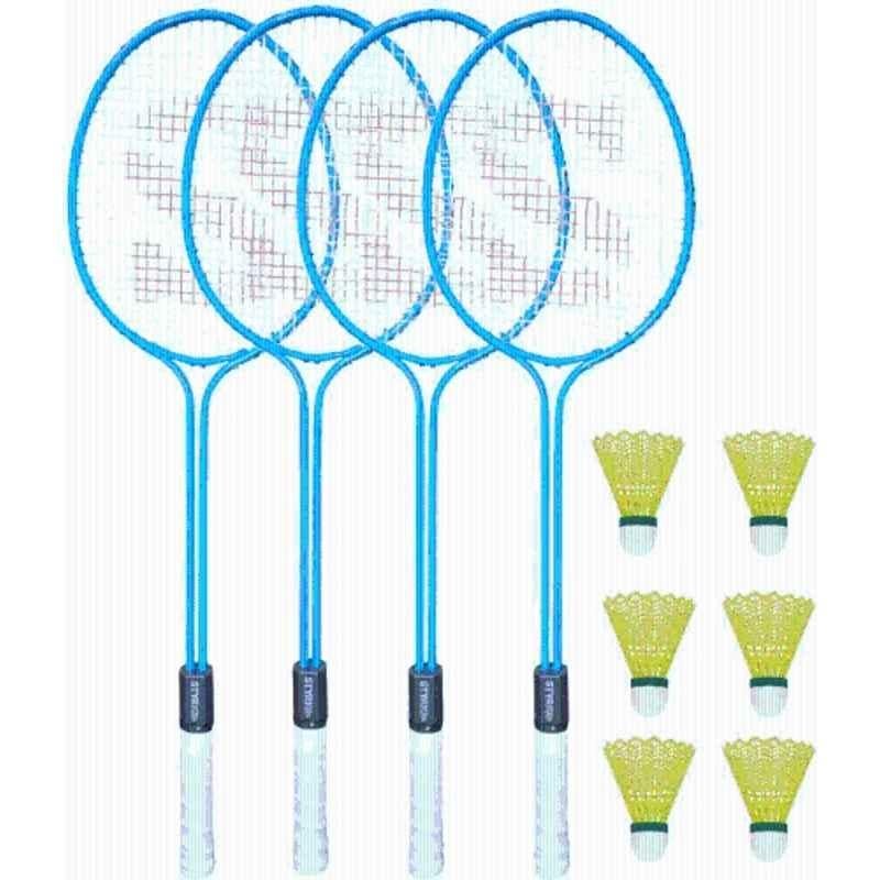 STYRKR Alloy Steel Blue Badminton Racquet Set of 4 Steel Frame with Shuttlecock 6 25 Badminton Kit