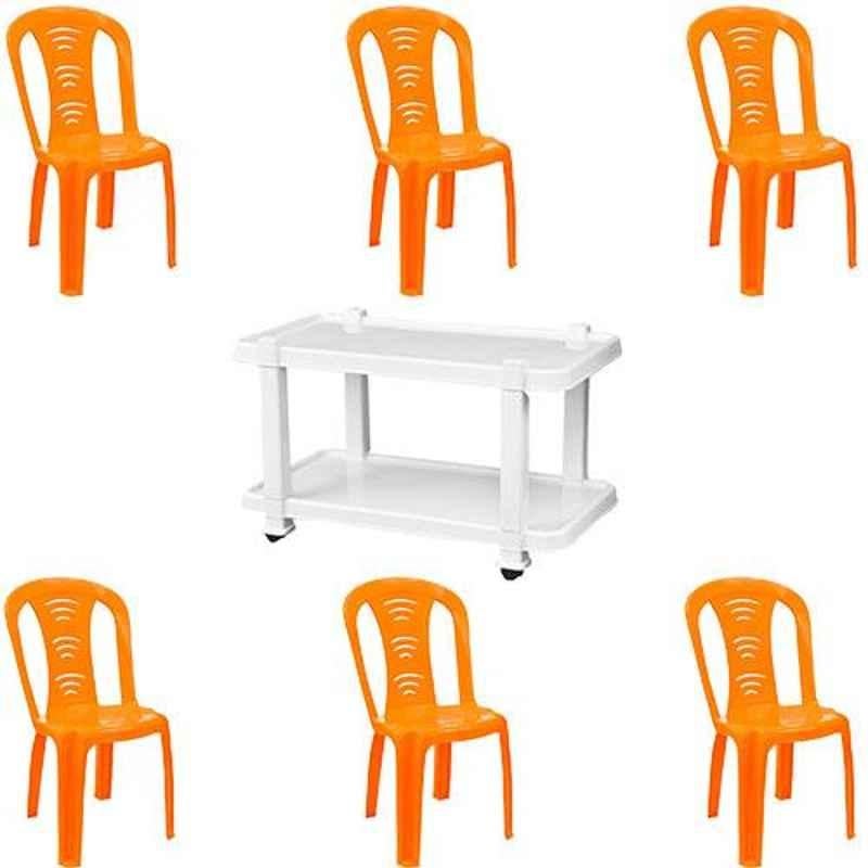 Italica 6 Pcs Polypropylene Orange Without Arm Chair & White Table with Wheels Set, 9306-6/9509