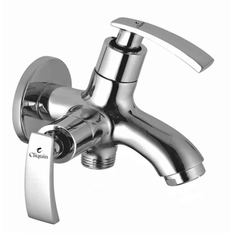 Cliquin Desire Brass Chrome Wall Mounted 2-Way Bib Cock Tap with Dual Outlet for Bathroom & Kitchen