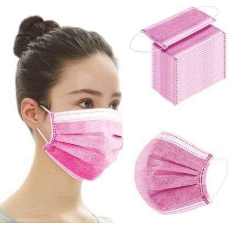 Wellstar 3 Layer Water Resistant Non Woven Pink Surgical Face Mask with Comfortable Nose Clip, COURFUL MASK-91 (Pack of 50)