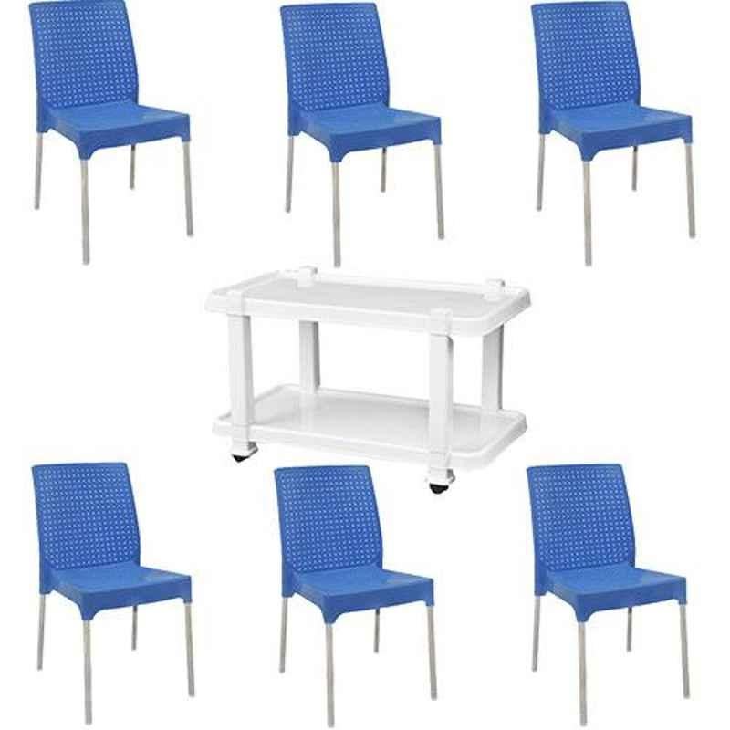 Italica 6 Pcs Polypropylene Light Blue Plasteel without Arm Chair & White Table with Wheels Set, 1206-6/9509