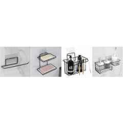 Plantex Self-Adhesive Bathroom Shelf Set/GI Steel Soap Stand/Tissue Roll Holder/Toothbrush Organizer/2-Layer Soap Storage/Wall-Mount Bathroom Accessories Black