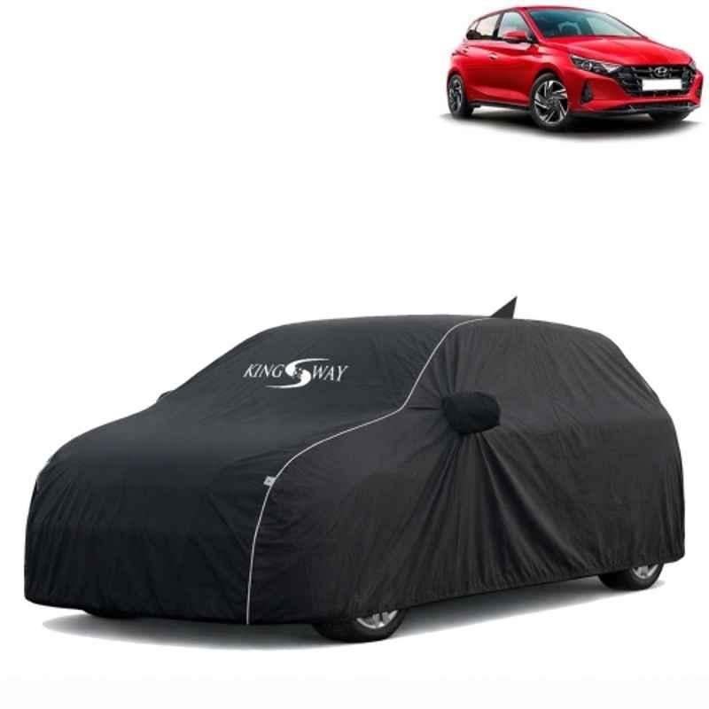 Kingsway Super Waterproof All Weather Protection Polypropylene Black Car Cover for Hyundai i20 2020 Onwards with Silver Piping, Mirror & Antenna Pockets