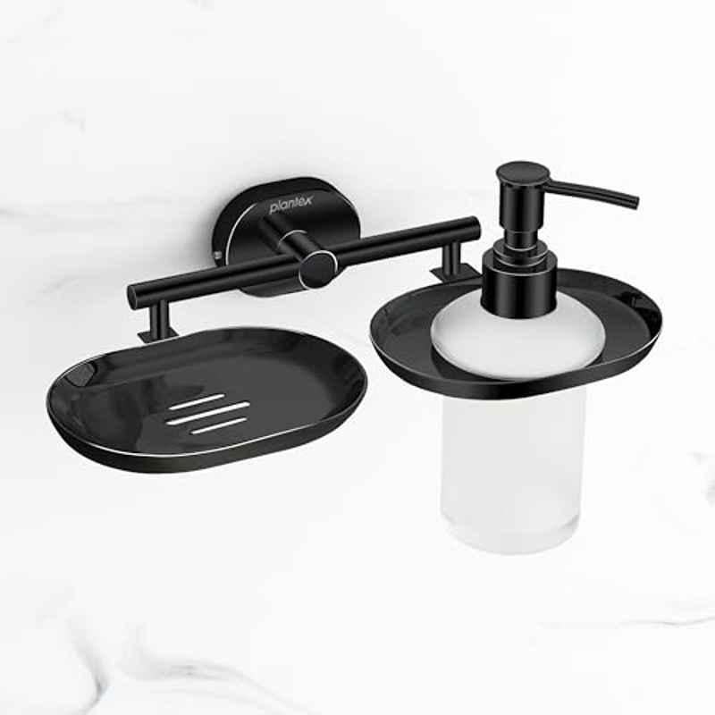 Plantex Stainless Steel Soap Dish with Liquid Dispenser/Soap Stand for Bathroom Wall Mount/Shampoo Dispenser/Bathroom Accessories PVD Black Finish Onix
