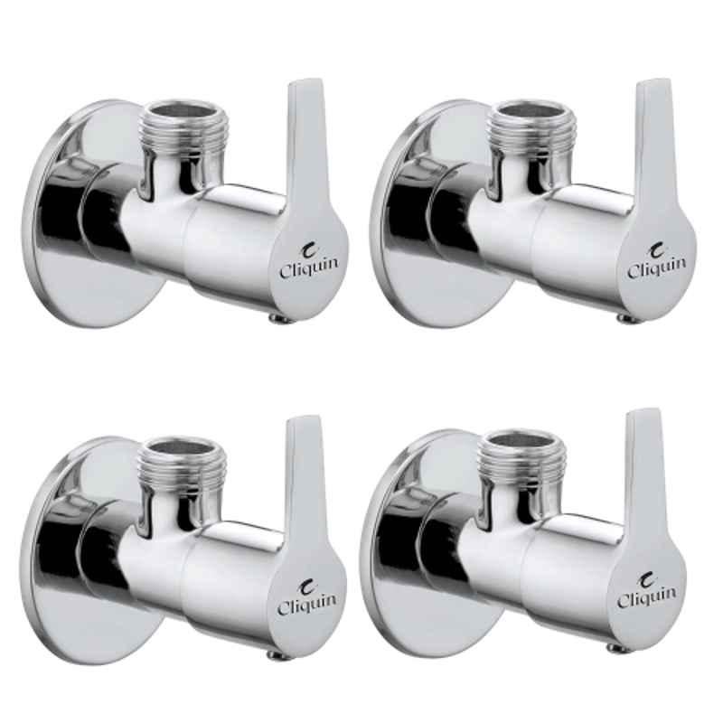 Cliquin Osaka Brass Silver Chrome Finish Angle Valve with Wall Flange for Bathroom & Kitchen (Pack of 4)