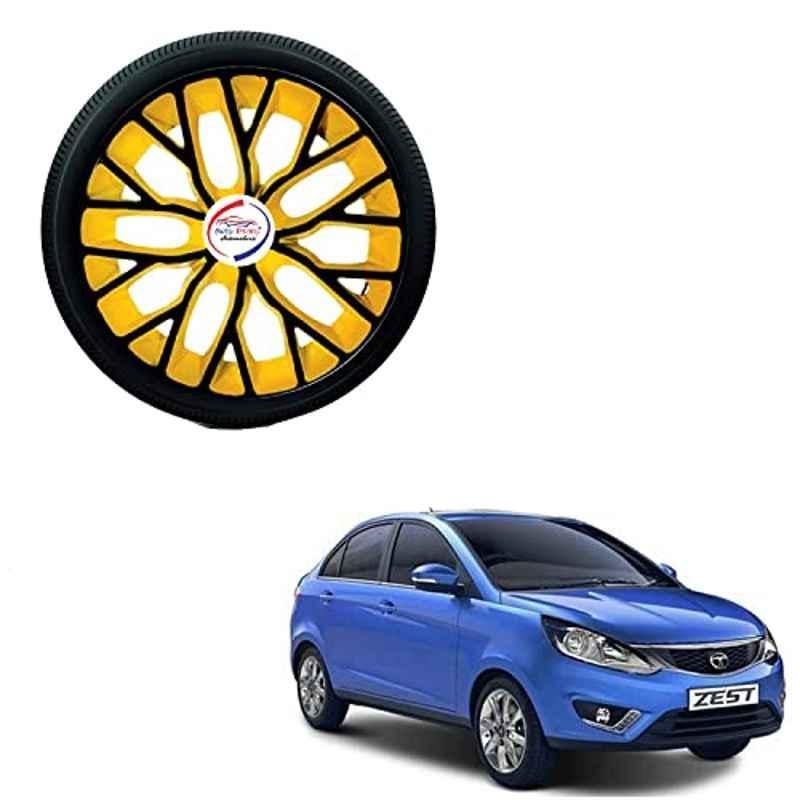 Auto Pearl 4 Pcs 15 inch ABS Black & Yellow Hubcap Wheel Cover Set with Retention Ring for Tata Zest