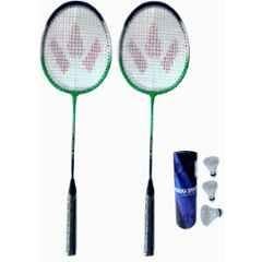 STYRKR Multicolour 2000 2 Pcs Single Shaft Racquet with 3 Pc Feather Shuttle Badminton Kit