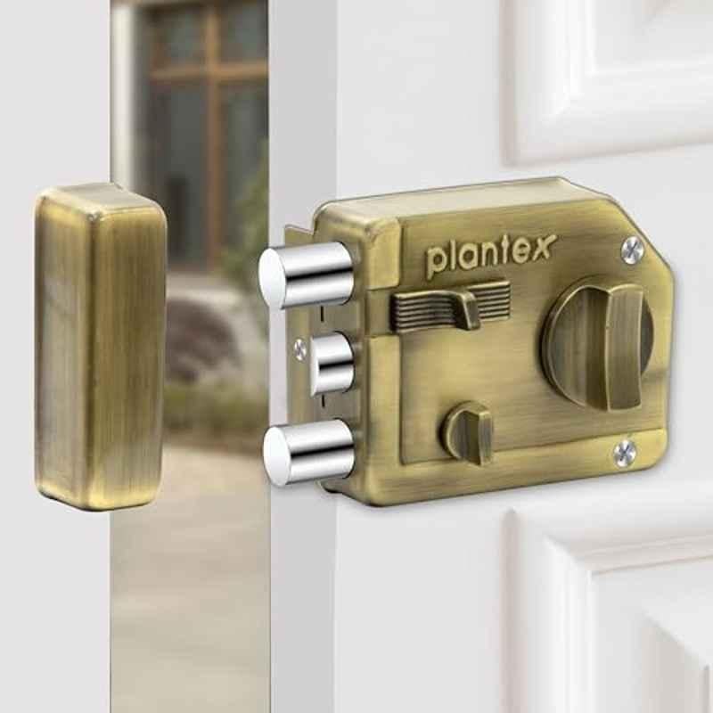 Plantex Heavy Duty Rim Locks for Main Door/Tri Bolt Lock for Main Door with 4 Keys/Suitable for Inside Opening Wooden Door Antique Brass