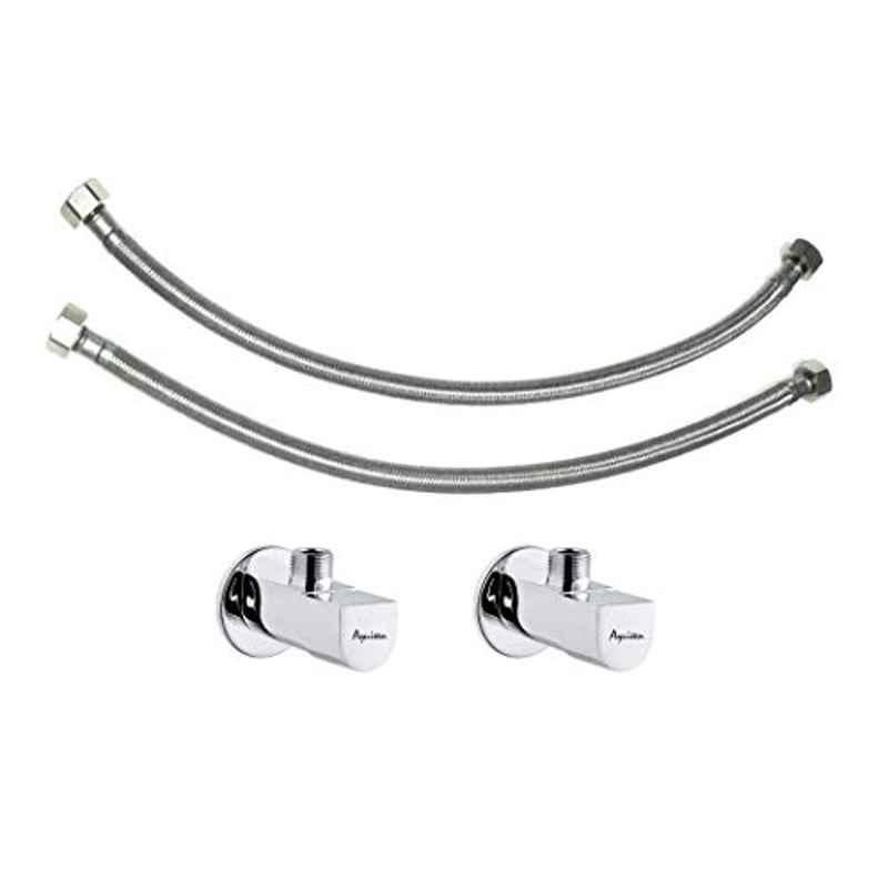 Aquieen Stainless Steel 24 inch Angle Valve & 600mm Connection Hose with Wall Flange Set (Set of 2)