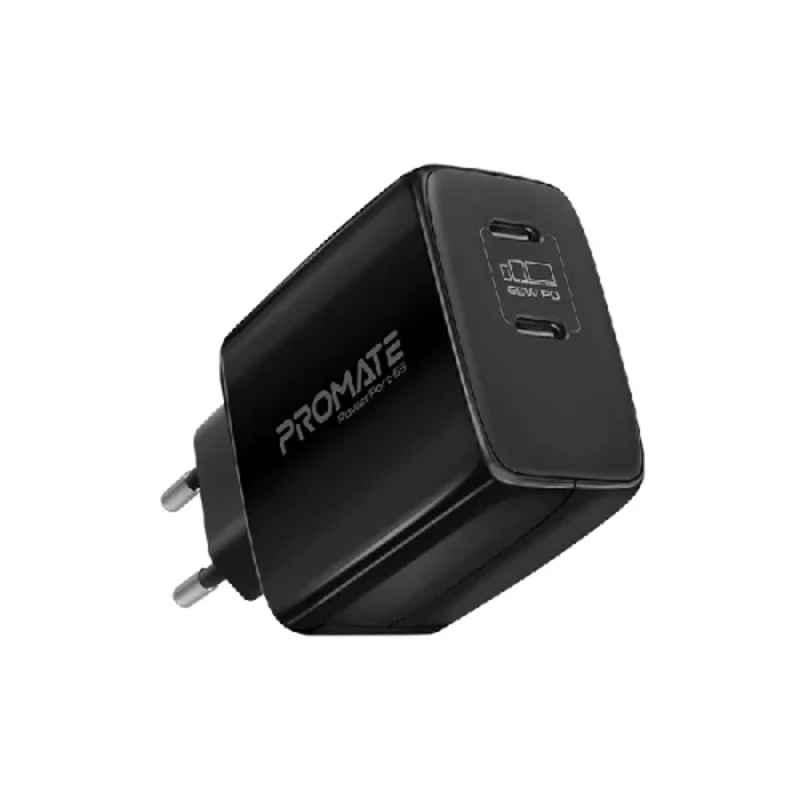Promate PowerPort-65 65W Black GaNFast Super Speed Charging Adapter with Dual USB Ports