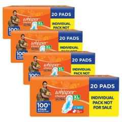 Whisper 20 Pcs Ultra White Cotton Disposable Sanitary Pad Packet with Wings, Size: XL(Pack of 4)