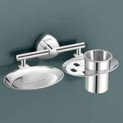 Plantex Stainless Steel Soap Dish with Tumbler Holder/Soap and Brush Holder for Bathroom/2 4-in-1 Soap Holder with Toothbrush Holder/Bathroom Accessories Chrome Finish Angel