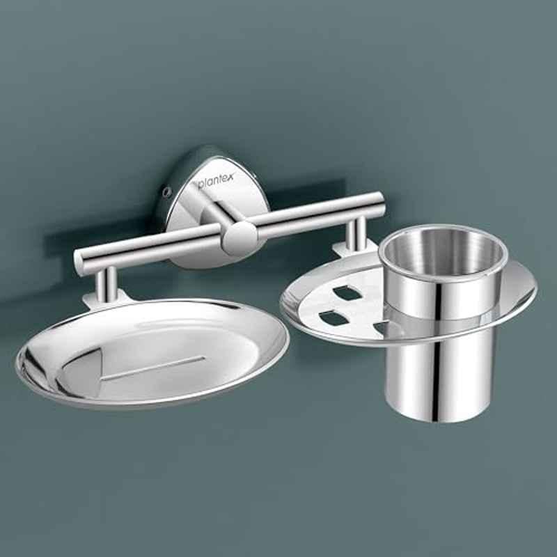 Plantex Stainless Steel Soap Dish with Tumbler Holder/Soap and Brush Holder for Bathroom/2 4-in-1 Soap Holder with Toothbrush Holder/Bathroom Accessories Chrome Finish Angel
