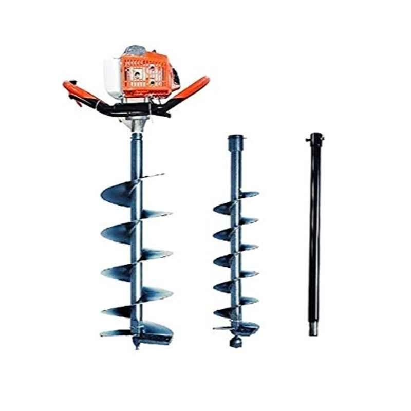 Shakun 1.9kW 52CC 2 Stroke Petrol Engine Red & Orange Heavy Duty Drill Hole Earth Auger with 4 inch, 8 inch Drill & 1m Extension Rod