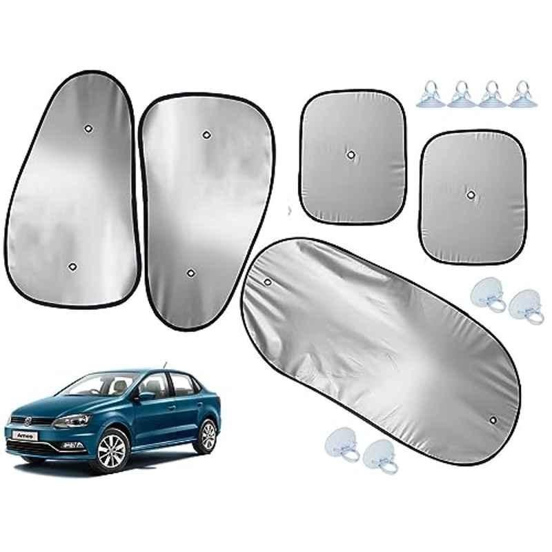 Auto Pearl 5 Pcs Polyester Black & Silver Window & Rear Sun Shade Set for Volkswagen Ameo