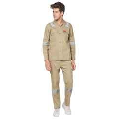 French Terrain 200 GSM 100% Cotton Khaki Industrial Work Wear Jacket & Pant Set with Reflective Tape for Men, Size: 2XL (44 cm)