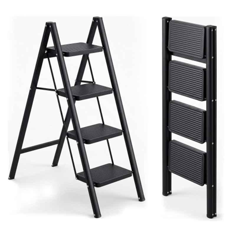 Corvids 150kg 4 Step Black Heavy Duty Carbon Steel Foldable Step Ladder with 2 Years Warranty, Anti-Slip Wide Steps, Portable Multipurpose Folding Step Ladder for Home, Kitchen & Office Use