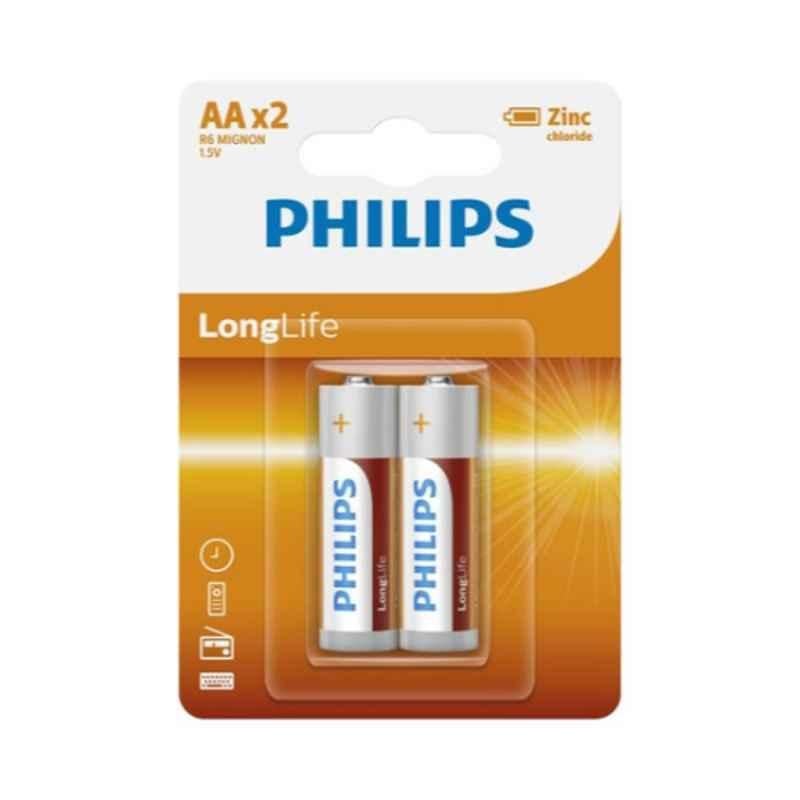 Philips LongLife 2Pcs 1.5V AA White, Red & Orange Zinc Chloride Battery Set, R6L2B/97