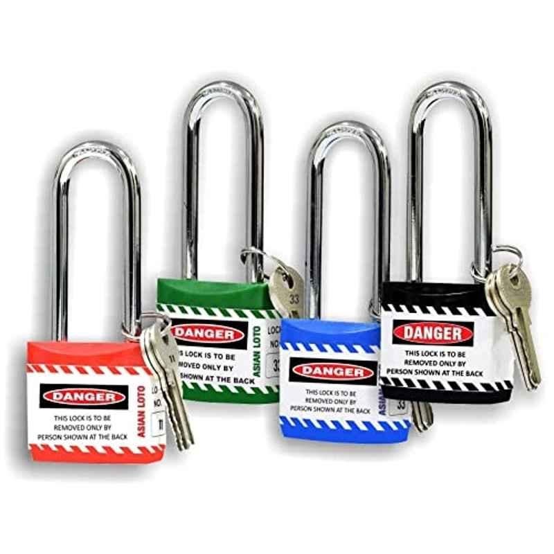 Asian Loto 4 Pcs Metal & Plastic Red, Green, Blue & Black Long Shackle Jacket Padlock Set with 3 Keys, ALC-LPL