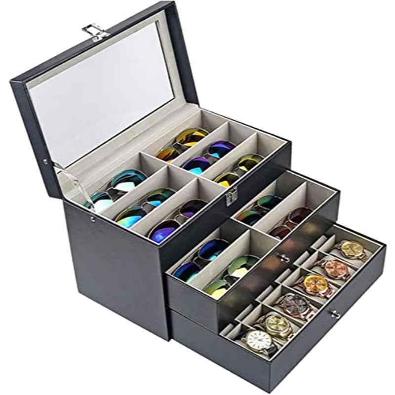 Rubik Faux Leather & Glass Brown 12 Slots Jewellery Storage Box