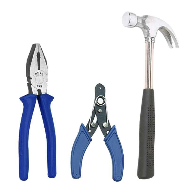 Real Stf 3 Pcs 8 inch Cutting Plier, 1/2lb Claw Hammer with Steel Shaft & 6 inch Wire Stripper Hand Tool Kit