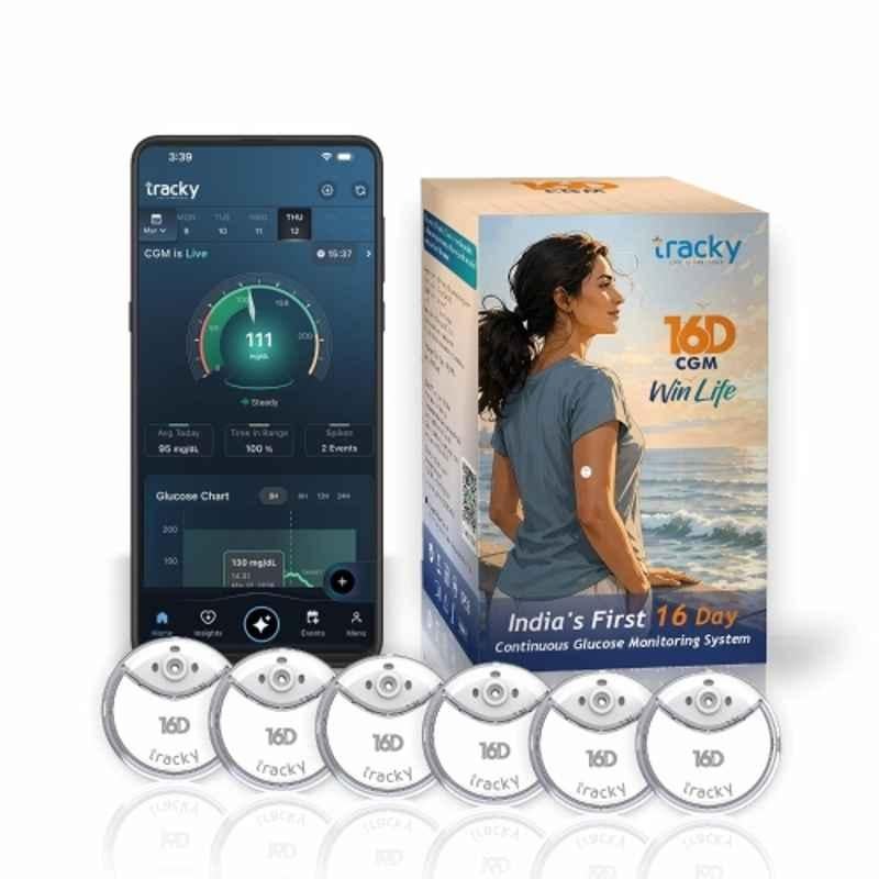 Tracky 16D CGM Continuous Glucose Monitor with 16 Days Wear, Real-Time Glucose Tracking, Smart High & Low Alerts, Factory Calibrated, App with AI Insights, Nightscout Integration, Health & Fitness Integrations (Pack of 6)