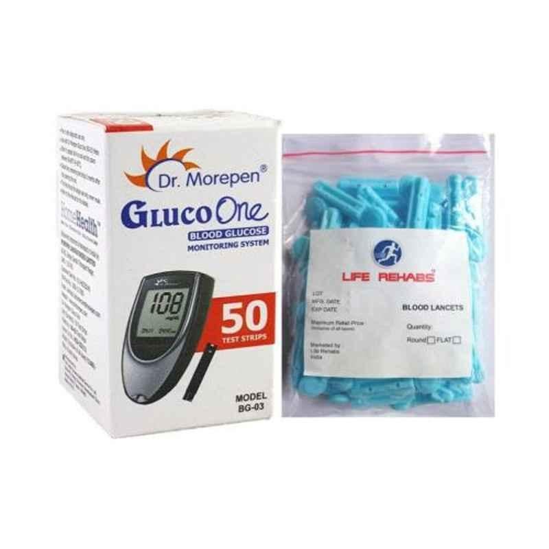 Dr. Morepen BG-03 Gluco One 50 Strips with Life Rehabs 50 Lancets Blood Glucose Monitoring System Combo