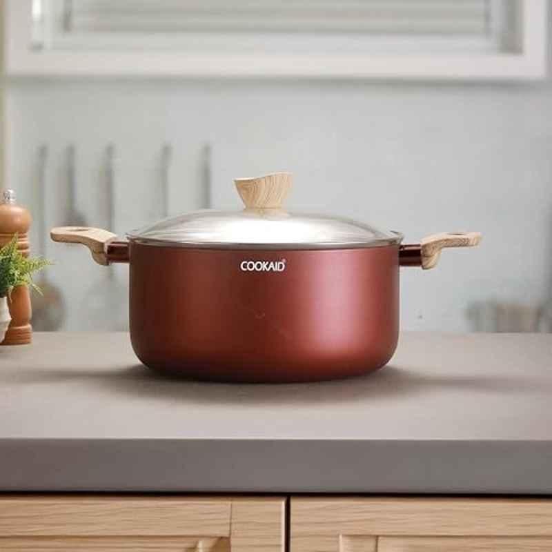 Cookaid Neo Glide 3.9 Litre 22cm Aluminium Metallic Cherry Non Stick PTFE Coated Casserole with Glass Lid, CKD-NS-CS22-19