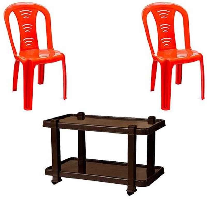 Italica 2 Pcs Polypropylene Red Without Arm Chair & Nut Brown Table with Wheels Set, 9306-2/9509