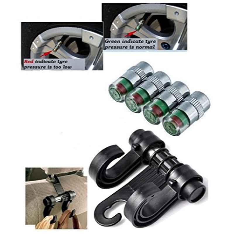 Kozdiko 4 Pcs Air Alert Tire Valve Caps & Double Hook Car Headrest Luggage Holder Combo