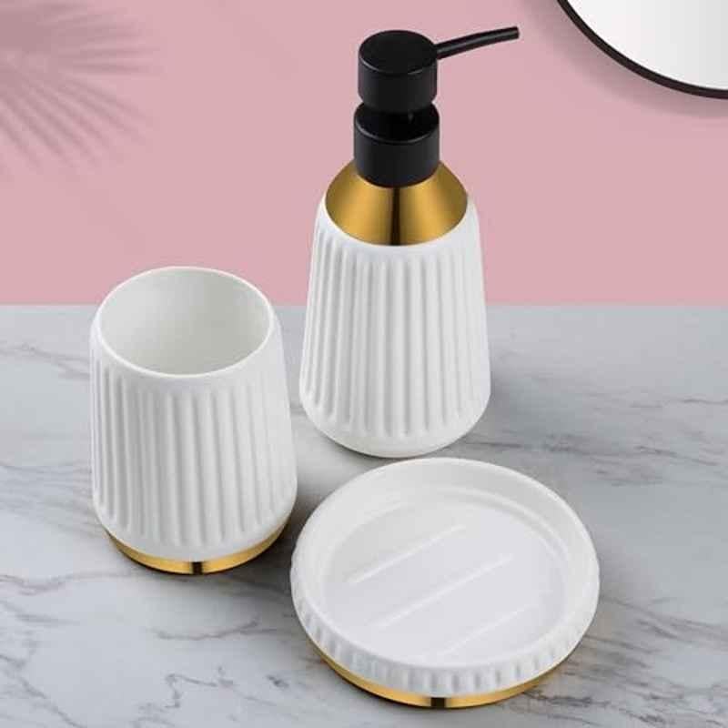 Plantex 3 Pcs Ceramic Whie & Gold Soap Dish, Liquid Dispenser & Tumbler Holder Set, NZBA-405