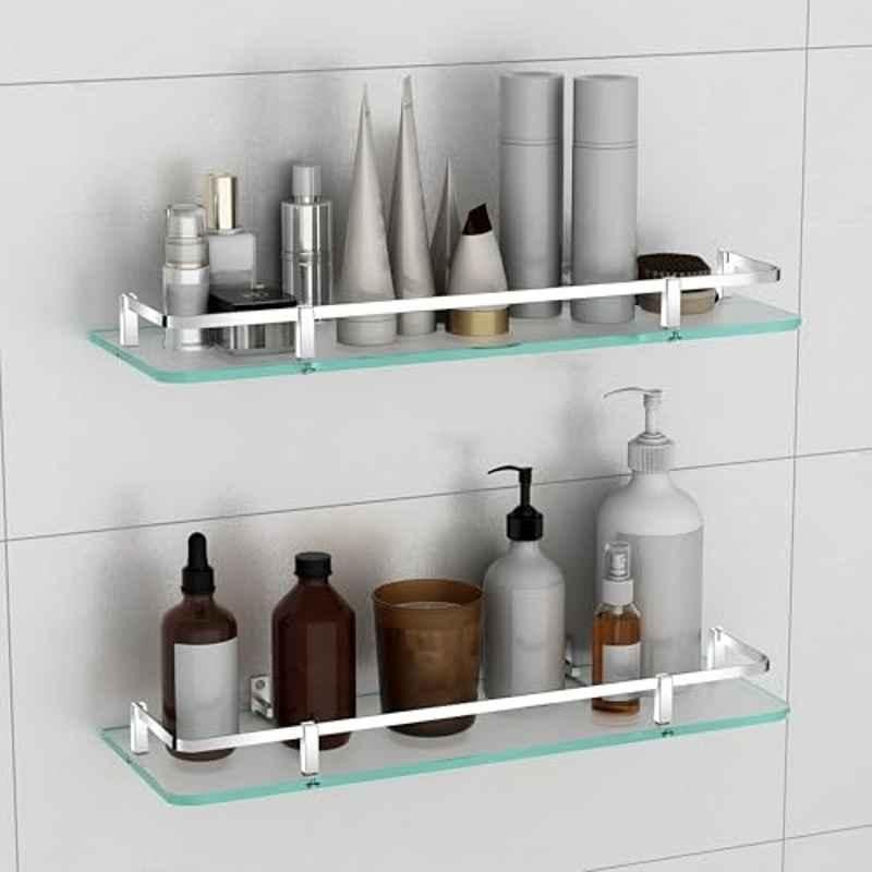 Plantex Frosted Glass Shelf for Bathroom/Kitchen Shelf for Wall/Living Room Wall Storage Shelf with Chrome Finish Brass Railings & Brackets 18x6 inch (Pack of 2)