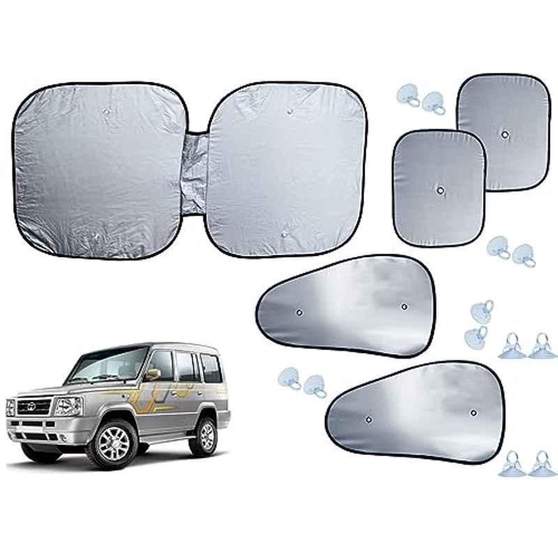 Auto Pearl 5 Pcs Polyester Black & Silver Window & Front Sun Shade Set for Tata Sumo