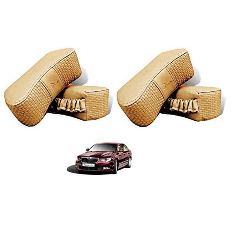 Kozdiko 4 Pcs CV Designer Beige Leatherite Neck Rest Car Cushion Pillow Set for Skoda Superb