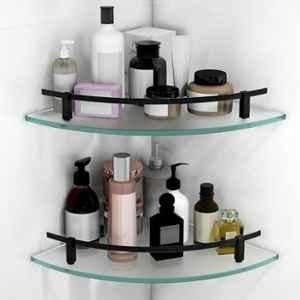Plantex 12x12 inch Black Premium Frosted Glass Corner/Shelf for Bathroom/Wall Shelf/Storage Shelf (Pack of 2)