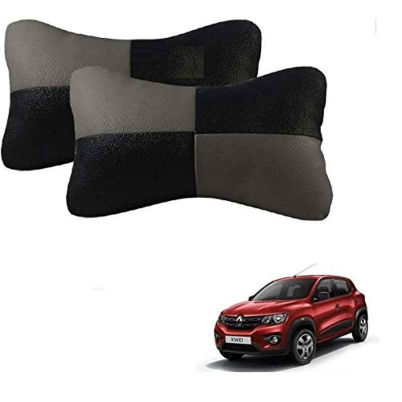 Kozdiko 2 Pcs Leather Grey & Black Neck Rest Car Cushion Pillow Set for Renault Kwid