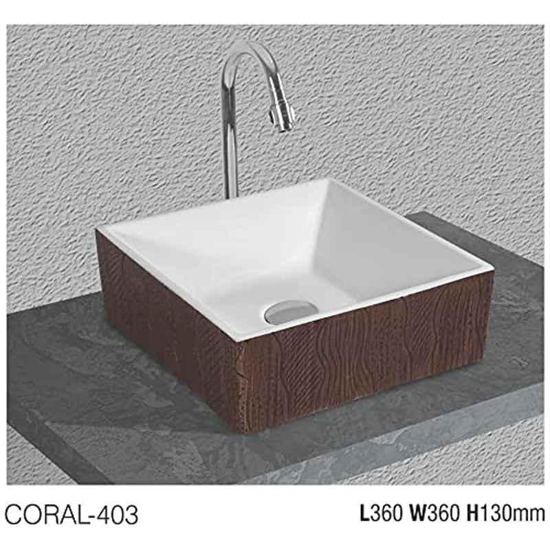 Uken (Coral-403) Imported Luxury European Style Designing Bathroom Sink/Wash Basin/Table Top (Coral-403) White,Brown