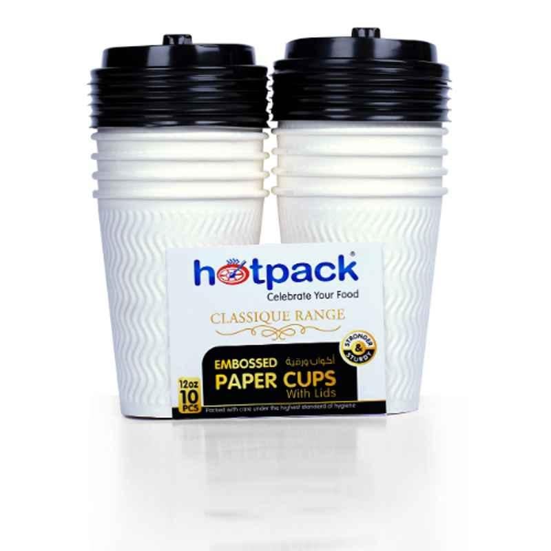 Hotpack 10Pcs 12Oz Paper White Embossed Cup with Lid Set, HSMEPC12C